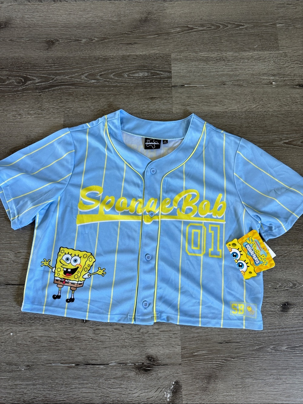Nickelodeon SpongeBob Light Blue and Yellow Button-Front Baseball Top